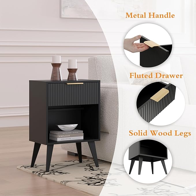 Fluted Night Stand with Opening Storage,Mid Century Bedside Table with Drawer,Black Nightstand with Wood Legs,End Table Side Table for Living Room,Bedroom,11.8" Dx15.7 Wx 25.2" H CTG56BK