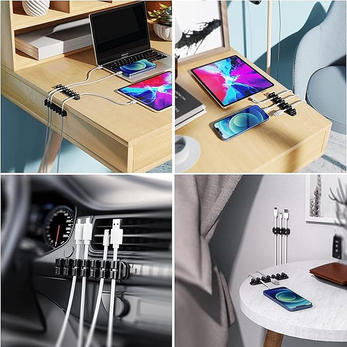 SOULWIT Upgraded Cable Holder, Cable Management Cord Organizer Clips Silicone Self Adhesive for Desktop USB Charging Cable Power Cord Bedside Wire PC Office Home (3/5/7 slot,Black)