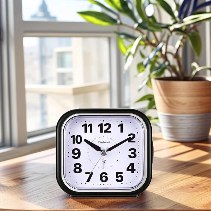 4.5" Compact Analog Alarm Clock, Silent Readable for Seniors, Easy to Set, Gradual Rise Alarm, Big Numbers, On/Off Switch on Side, Gentle Wake, Snooze, Lighted on Demand, Battery Operated, Black