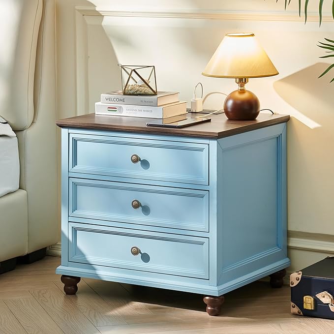24" Wide Farmhouse Nightstand Set of 2, 54" 7 Drawers Dresser, 45" Tall Rustic Chests of 5 Drawers w/ 4 Solid Wood Feet, Farmhouse Furniture Series for Living Room,Bedroom,LightBlue