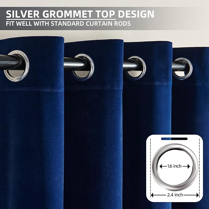Joydeco Royal Blue Velvet Curtains 63 Inches Long, Luxury Grommet Blackout Curtain 2 Panels, Thermal Insulated Privacy Room Darkening Window Drapes for Bedroom Living Room Home Theatre (52Wx63L)