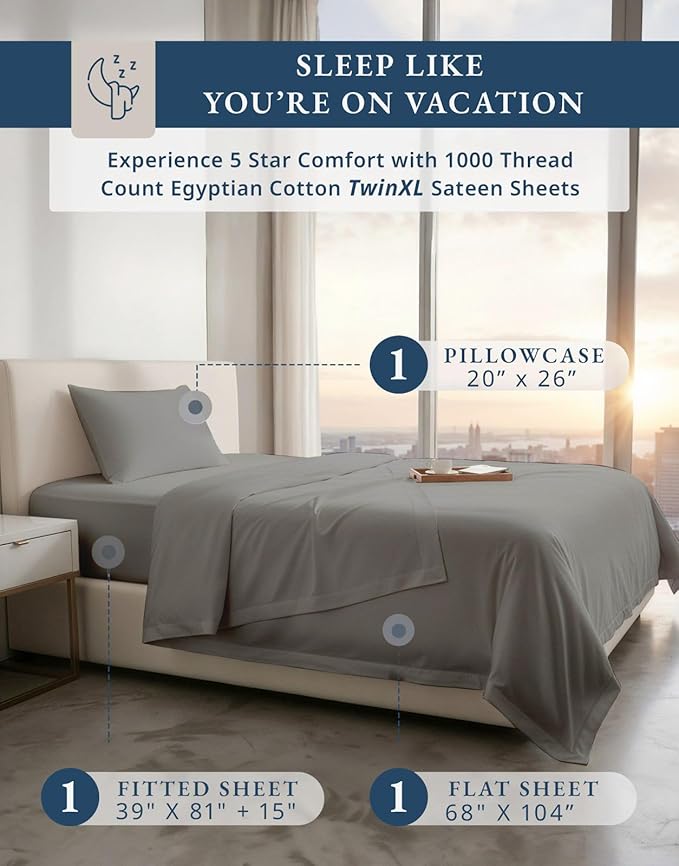 LANE LINEN 100% Egyptian Cotton Twin XL Sheets - 1000 Thread Count, Soft & Comfy No Pill Fade Resistant Oeko-Tex Certified sustainably Produced Cotton Sheets Twin XL, 15" Deep Pokcet - Charcoal