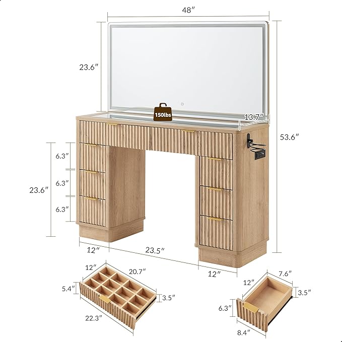T4TREAM 48" Fluted Makeup Vanity Desk with Large Led Lighted Mirror, Modern Vanity Table with 8 Drawers & Charging Station, Glass Top Dressing Table for Bedroom, Natural Oak
