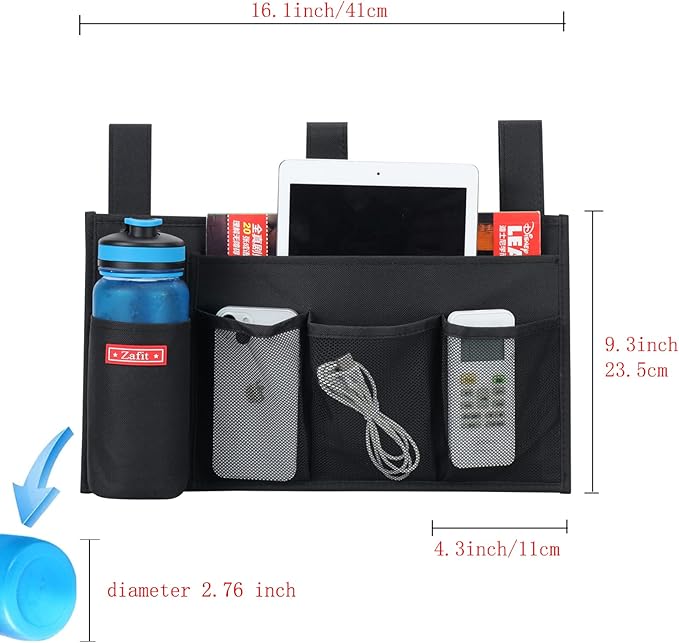 Zafit Hanging Bedside Caddy, Bedside Storage Organizer for Magazine, Phone, Remote control (5 Pockets-Black)