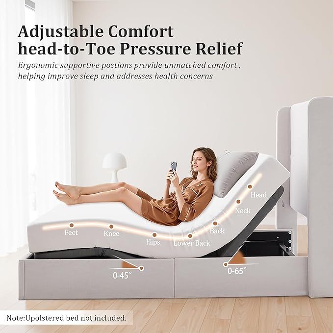 Queen Size Adjustable Bed Frame Base, Caron Electric Bed Base with Head and Foot Incline, Zero Gravity, Massage, App and Wireless Remote, No-Noise, Easy Assembly, Gray