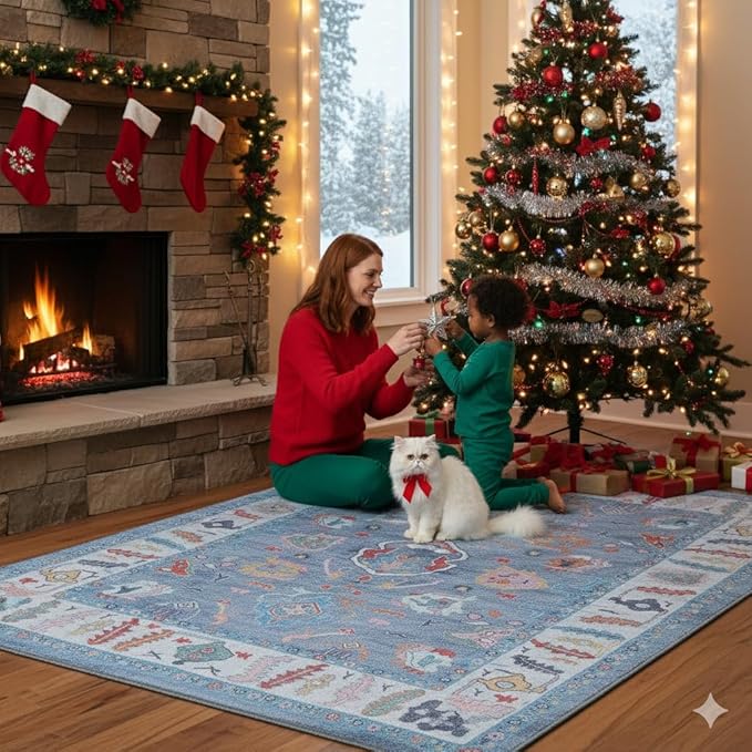 Fame Rugs Blue Modern Oushak Rug 5x7, Washable Vintage Turkish Colorful Oriental Antique Inspired Area Rugs, Luxury Living Room Bedroom (381LB, 5' x 7')