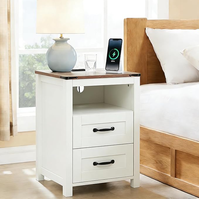 Puntogen White Night Stand Set of 2, Rustic End Table with Charging Station, Farmhouse Tall Nightstand for Bedroom, Drawer Dresser Bedside Table with Open Storage Shelf
