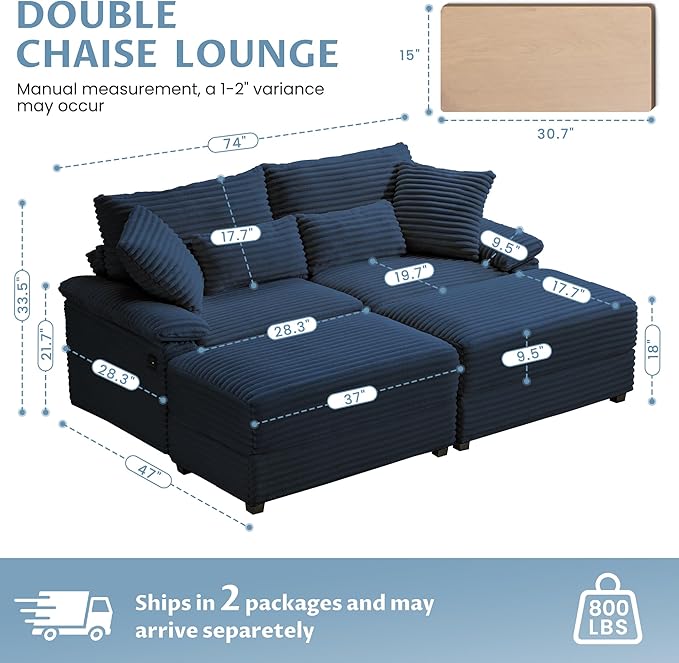 SUNWAVE 74" Double Chaise Lounge Chair Indoor, Loveseat with Storage Ottoman, Corduroy Small Couch with USB Charging, Removeable Ottoman, and Coffee Table Cushions for Living Room