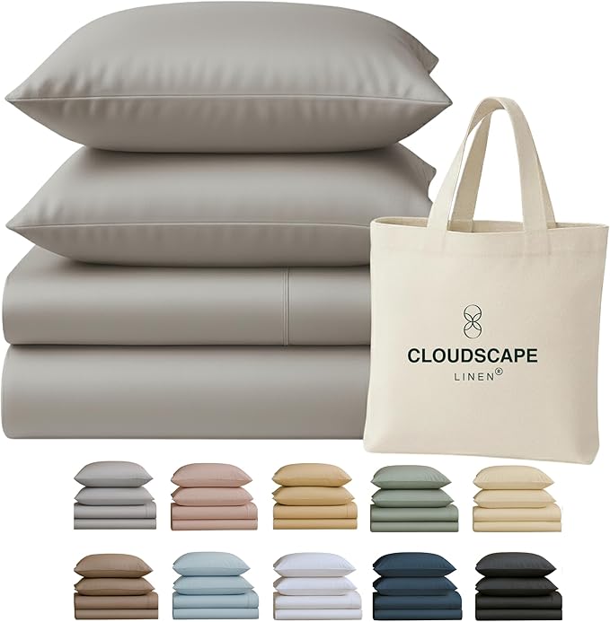 Cloud Scape Linen 100% Egyptian Cotton Sheets Full Size, 4 Pieces Luxury Bedding Set, 400 Thread Count,Hotel Quality, Silky Soft, Deep Pockets up to 17, Light Grey