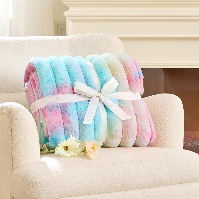 Cozy Bliss Faux Fur Throw Blanket for Couch, Cozy Warm Plush Striped Blanket for Sofa Bedroom Living Room, 50 * 60 Inches Tie-dye Rainbow