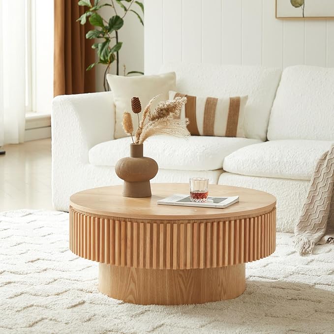 LKTART Round Coffee Table for Living Room, Accent Fluted Drum Coffee Table with Storage, Modern Solid Wood Veneered Circle Center Tea Table for Small Space Apartment (31.5''D×14''H-Natural)