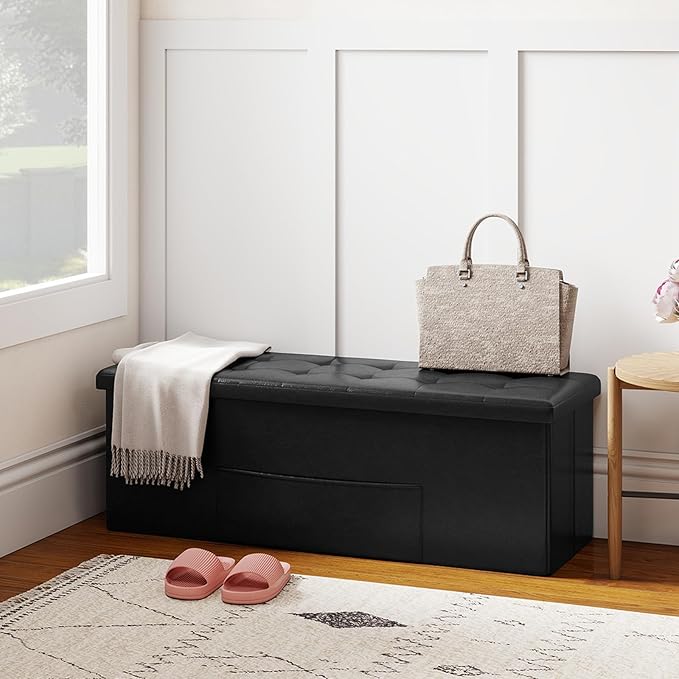 Giantex 43 Inches Folding Storage Ottoman Bench, Upholstered PU Leather Storage Chest with Side Pocket, Padded Seat, End of Bed Bench, Collapsible Ottoman Foot Rest for Living Room, Bedroom & Entryway