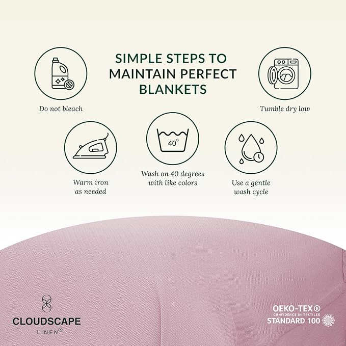 Cloud Scape Linen 100% Cotton Blanket 92x92 Seashell Pink - Cozy Herringbone Weave, Fits Up to for Full Size Beds, Breathable Softness, All-Season Warmth, Winter Blanket, for Women