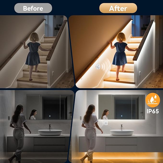 Motion Sensor Under Bed Lights, 2x6.56ft 3000K-6500K White Motion Activtaed LED Strip Lights with Auto-Off Timer, IP65 Waterproof Motion Sensor LED Light Strip for Bedroom Cabinet Stair Closet Mirror