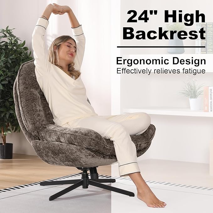 1 Pack 360°Free Swivel Accent Chair for Living Room, Slightly 20°Rocking, 24" High Backrest Upholstered Armchair, Ergonomic Design, Chenille Breathable Soft Fabric Modern Single Sofa, Brown