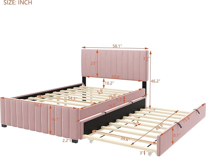 Full Bed Frame with Trundle Bed,Velvet Upholstered Platform Bed Frame,Full Size Trundle Bed with Headboard for Kids Teens Adults(Pink)
