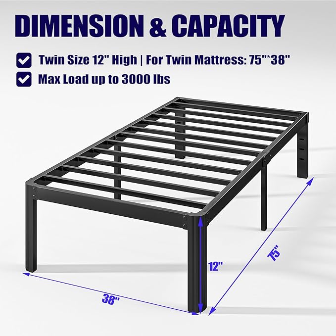 Hunlostten 12" Heavy Duty Twin Bed Frame No Box Spring Needed, Metal Platform Bed Frame Twin with Round Corners, Easy Assembly, Noise Free, Black