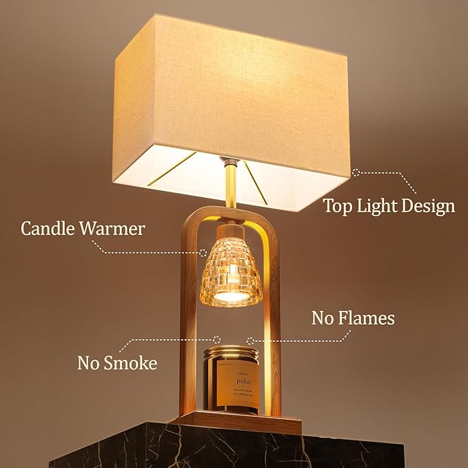 PoKat Farmhouse Table Lamps with Candle Warmer & Timer for Bedroom, Wood-Like Bedside Lamps Set of 2 for Night Stands, 21.5'' Bedroom Lamps Decor for Living Room, Corded Eletric, No Battery