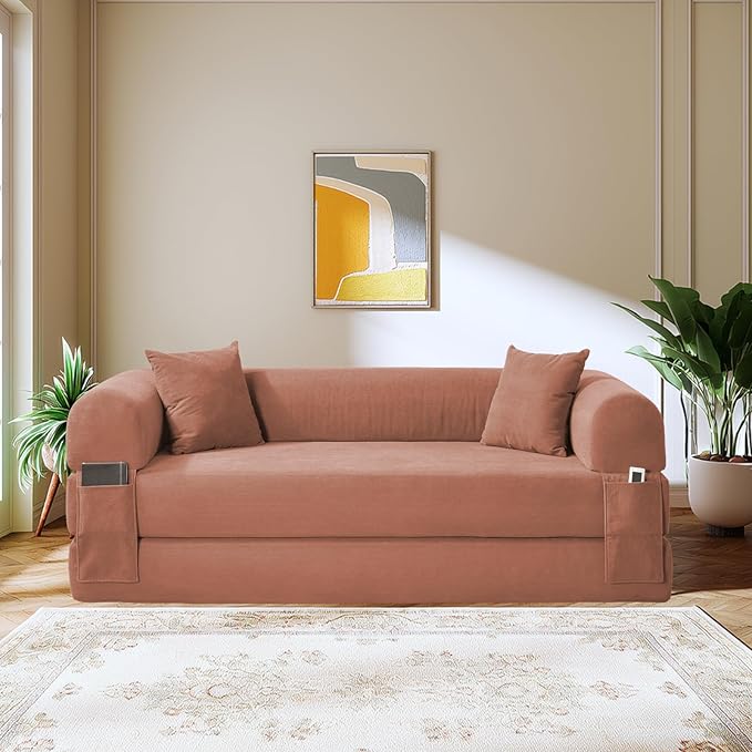 80" Convertible Sofa Bed,Corduroy Folding Sleeper Sofa Bed Queen with Pillows & Storage,Modular Pull Out Couches Boneless Couch for Living Room,Compressed Couch in a Box,Pink