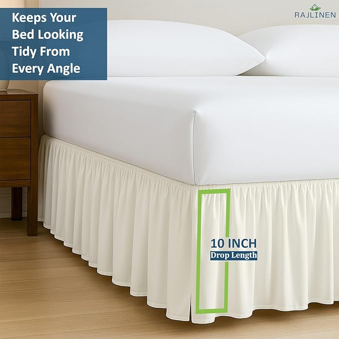 Rajlinen Ruffled Bed Skirt Full, 10 Inch Drop Dust Ruffle with Split Corners, 100% Microfiber Bedskirt with Platform, Three-Sided Coverage Ruffled Gathering Design, Ivory
