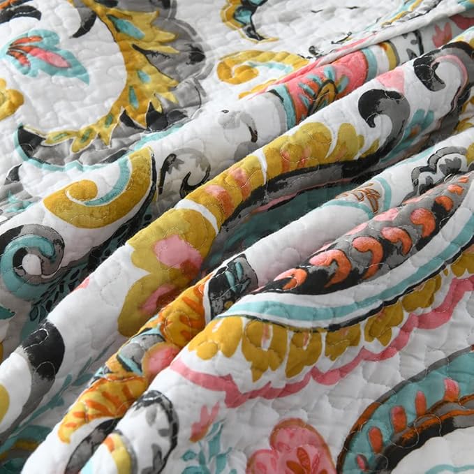 Cotton Bedspread Quilt Sets Reversible Bedding Coverlet Sets Comforter Paisley Floral Bedspread (White Paisley Floral, Queen Size)