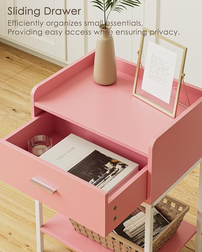 Masupu Nightstand,Bedside Table 3-Tier Modern Night Stand with Storage Drawer and Shelf,Small End Side Table for Bedroom,Living Room,Black (Without Outlet, Pink)