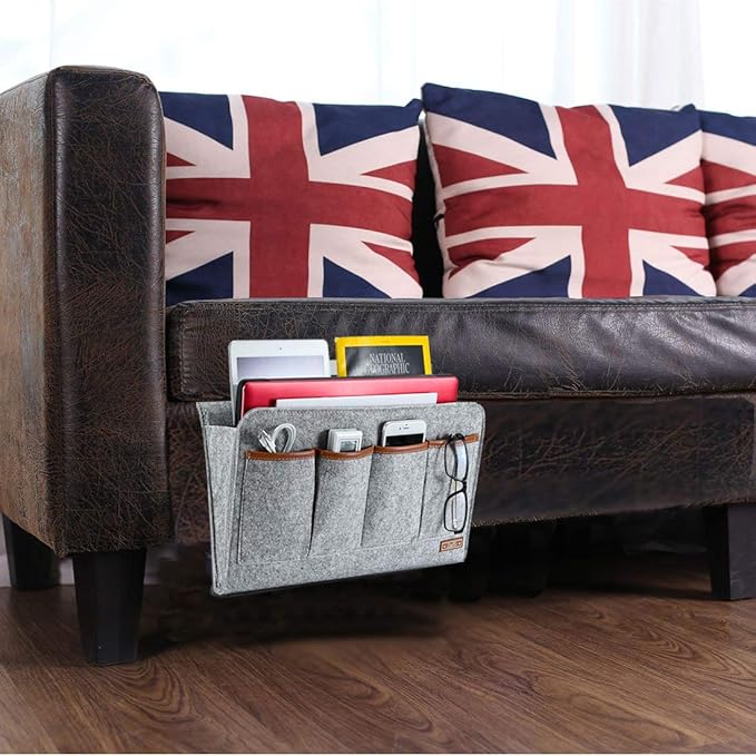 Bedside Caddy, Large Size Storage Organizer with 7 Pockets for Magazine, Remotes, Phone (17.3'' x 18.1'', Light Grey)