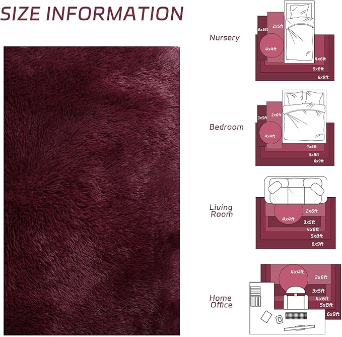 duduta Burgundy Plush Rugs for Bedroom 4x6 ft, Fluffy Carpet for Living Room, Shag Rug for Kids Room Dorm Nursery Playroom