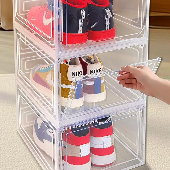 8 Pack Shoes Box Sneaker Display Case Size 13 Plastic Shoe Organizer for Closet Space-Saving Foldable Shoe Rack Sneaker Container Bin Holder