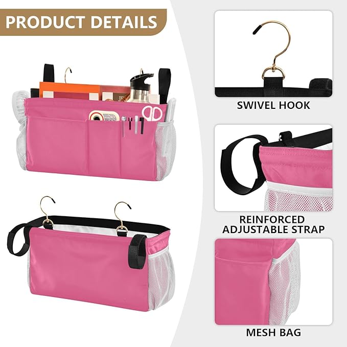 KOPIRIT Neon Rose Red Bedside Caddy Storage Bag Bedside Organizer for Dorm Room Top Bunk Bed Hanging Bag Bedside Shelf 6 Pockets with Hooks for Magazine Water Bottle Holder