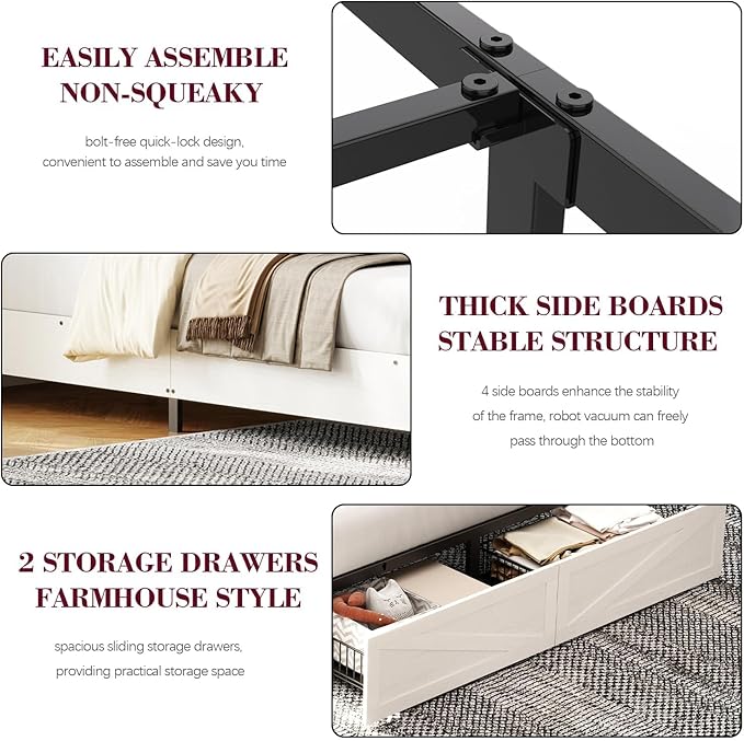 Full Size Bed Frame with Bookshelf, High Headboard with Charging Station and LED Light, Farmhouse Bed with Storage Drawers, No Box Spring Needed, Noise Free, Easy Assembly, Antique White