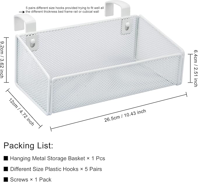MATIMASU Bedside Caddy Hanging Storage Basket Beside Shelf Metal Organizer for Collage Dorm Bunk Bed,Hospital Bed,Baby Bed - Bedroom Essentials for Magazine,Remote Control,Phone,Drinks (White)