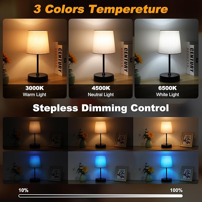 Ascher Small Bedside Table lamp Set of 2, RGB Color Changing Lamps, 3 Color Temperatures Nightstand Lamps with USB C and A Ports, Touch Dimmable Desk Lamp for Bedroom Living Room(Grey Shade)
