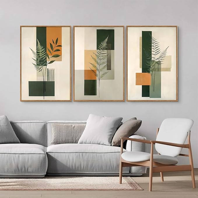 Yeehomedec Sage Green Fern Leaf Framed Canvas Wall Art, Boho Abstract Wall Decor, Rustic Neutral Modern Botanical Art Print, Beige Minimalist Plant Artwork for Living Room Bedroom Office Bathroom 16"x24"x3