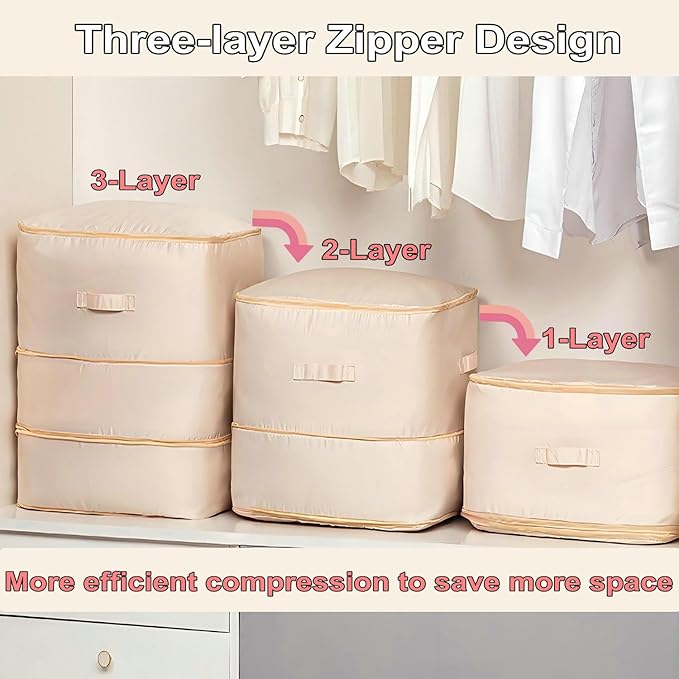 Ultra Space Saving Self Compression Organizer, 2025 New 3-Layer Zipper Large Capacity Storage Bag, Thick Satin Fabric Heavy Duty Bags for Comforters Blankets Bedding Duvet (Gray, X-Large, 21x17x24in)