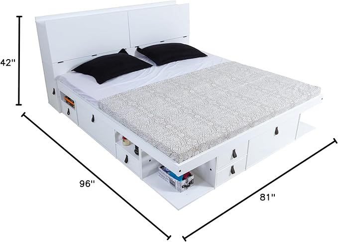 memomad Bali Set: Storage Platform Bed with Drawers + Bookcase Headboard (King Size, White Wood)