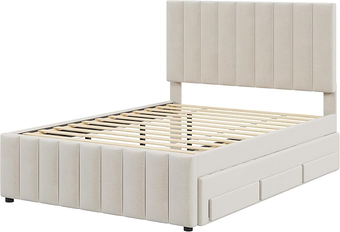 Bellemave Full Size Bed Frame with Twin Trundle Bed and Storage Drawers,Linen Upholstered Bed Frame,Full Size Trundle Bed with Adjustable Headboard for Kids Teens Adults,Beige