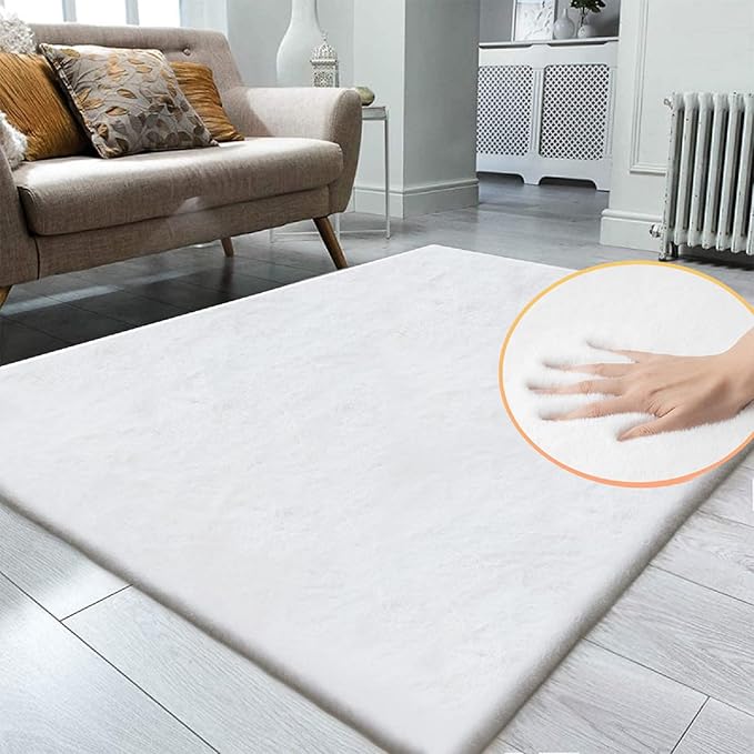 White Faux Rabbit Fluffy Fur Area Rugs for Bedroom Living Room Machine Washable Shag Rug 4x6 Nursery Rug Teen Room Decor