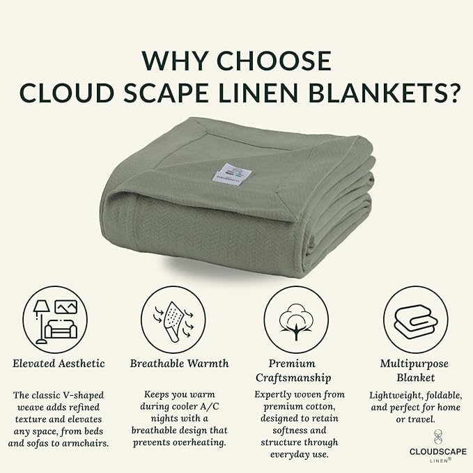 Cloud Scape Linen 100% Cotton Blanket 92x92 Olive Green - Cozy Herringbone Weave, Fits Up to for Full Size Beds, Breathable Softness, All-Season Warmth, Winter Blanket, for Women