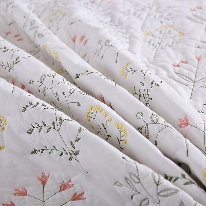 MarCielo 3-Piece 100% Cotton Oversized Bedspread Lightweight Quilt Coverlet Embroidery Farmhouse Bedding Set(TL Floral White,Oversized Queen (100"x106"))