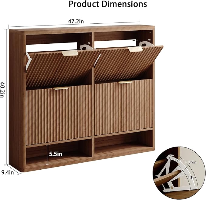Fluted Shoe Cabinet Storage with 4 Flip Drawers, Narrow Shoe Storage Organizer for Entryway, Hidden Slim Wooden Shoe Rack Cabinet for Front Door Entrance, Hallway, Living Room (4-Drawer, Walnut)