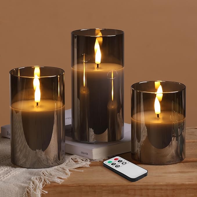 Eywamage Smoke Grey Glass Flameless Pillar Candles with Remote, Flickering LED Battery Candles Table Decor Set of 3