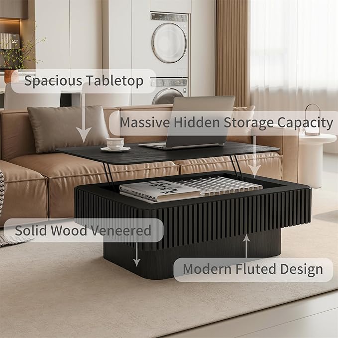 LKTART Lift Top Coffee Table for Living Room, Accent Fluted Coffee Table with Storage, Modern Solid Wood Veneered Rectangle Center Tea Table for Small Space Apartment (38.6''L×14''H-Black)