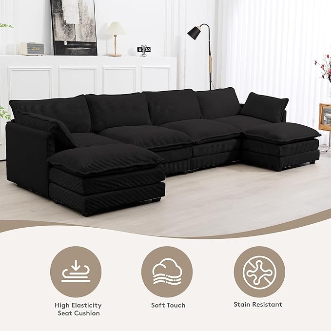 ROWHY 148'' Sectional Cloud Couch with 2 Ottomans, Oversized 4 Seat Sleeper Sofa with 2 Throw Pillows, Convertible Upholstered U Shaped Cozy Sofa Furniture Set for Living Room and Office, Black