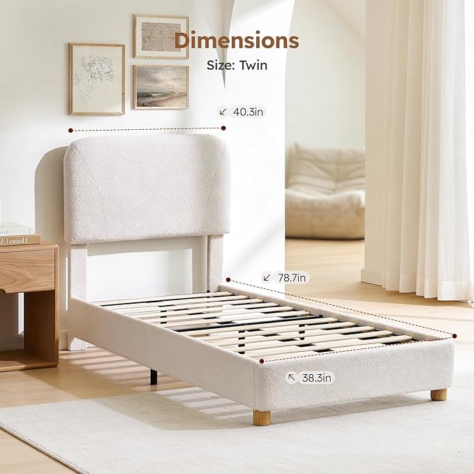 Cloud Bed Frame, Soft Boucle Bed Frame with Adjustable Headboard, Solid Wood Legs, Rounded Corners Design & Easy Assembly – Modern Platform Bed, Twin Cream