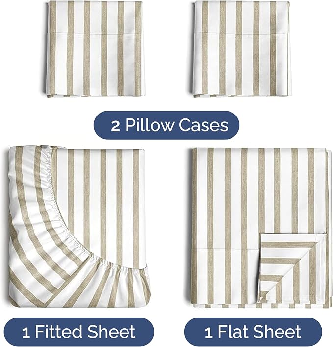 Twin XL 4 Piece Sheet Set - Cooling & Breathable - Hotel Luxury Bedding, Includes Fitted Sheet for Women, Men, Kids & Teens - 1 Flat, 1 Fitted Sheet, 2 Pillowcases with Deep Pockets - Beige Stripes