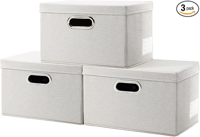 PRANDOM Storage Boxes with Lids [3-Pack] Linen Fabric Foldable Storage Bins Organizer Containers Baskets Cube with Cover for Closet Office Nursery Beige（11.4X8.6X6.7