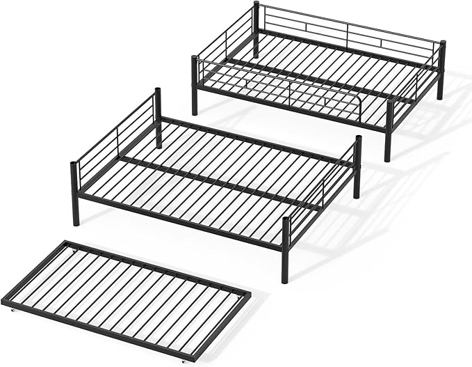 Full XL Over Queen Bunk Bed with Trundle, Heavy-Duty Metal Bunk Bed w/Full-Length Guardrail & EVA Padded Ladder, Convertible to 3 Separate Beds for Adults, Teens, Noise-Free, Black