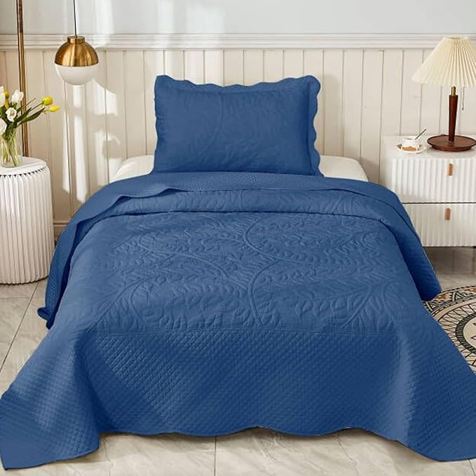 MarCielo 3-Piece 100% Cotton Oversized Bedspread Lightweight Quilt Coverlet Embroidery Farmhouse Bedding Set T0 (Midtone Blue, Twin (68"x86"))