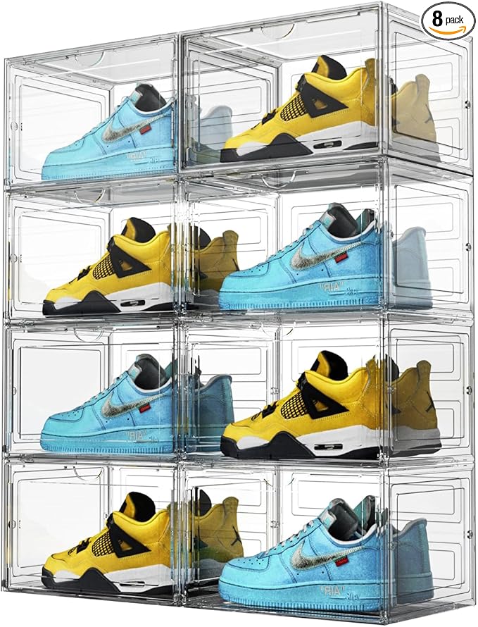 XL Shoe Storage Box,8 Pack Drop Side Shoe Boxes Clear Plastic Stackable,Sneaker Display Case with Magnetic Door Fit up to US 13（13.4”x 10.6”x 8.3”(8 Pack Clear)